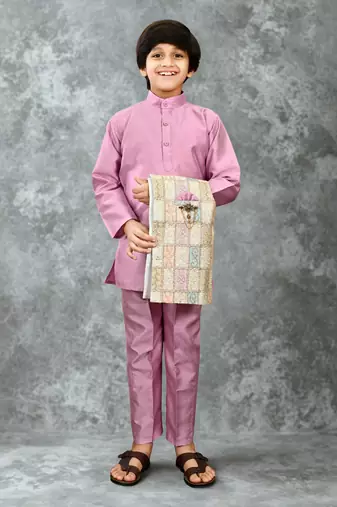 Boys cotton silk geometric patchwork embroidered kurta set- lilac