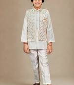 Boys cotton silk geometric sequined leaf motif embroidered sherwani set- multicolor