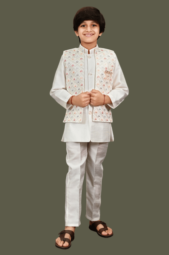 Boys cotton silk geometric sequined leaf motif embroidered sherwani set- multicolor