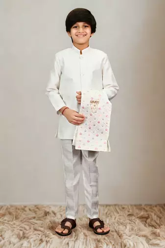 Boys cotton silk geometric sequined leaf motif embroidered sherwani set- multicolor