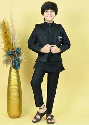 Boys cotton silk geometric sequined floral embroidered kurta shrug set- black 1