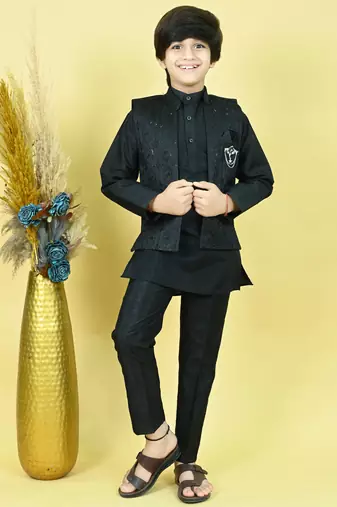 Boys cotton silk geometric sequined floral embroidered kurta shrug set- black