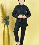 Boys cotton silk geometric sequined floral embroidered kurta shrug set- black