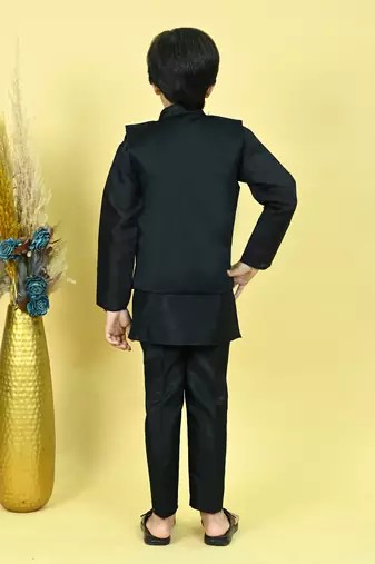 Boys cotton silk geometric sequined floral embroidered kurta shrug set- black
