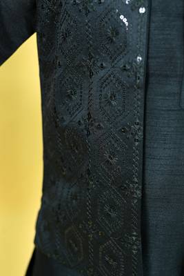 Boys cotton silk geometric sequined floral embroidered kurta shrug set- black 3