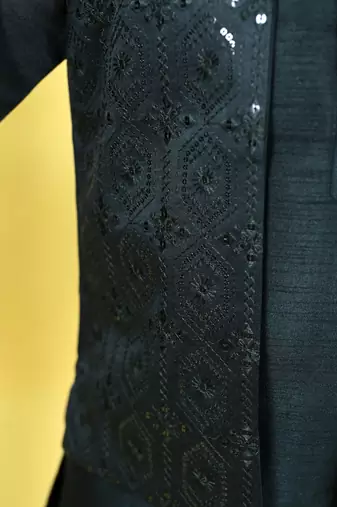 Boys cotton silk geometric sequined floral embroidered kurta shrug set- black