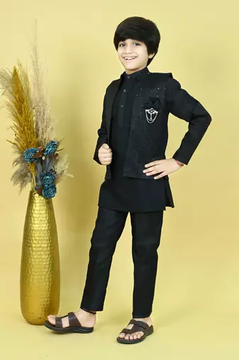 Boys cotton silk geometric sequined floral embroidered kurta shrug set- black