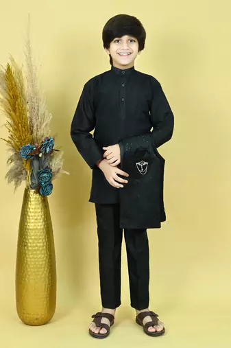 Boys cotton silk geometric sequined floral embroidered kurta shrug set- black