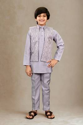 Boys cotton silk geometric sequined floral embroidered kurta shrug set- lavender 1