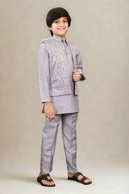 Boys cotton silk geometric sequined floral embroidered kurta shrug set- lavender 2