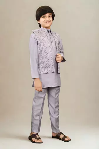 Boys cotton silk geometric sequined floral embroidered kurta shrug set- lavender