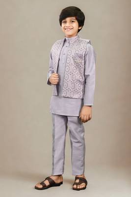 Boys cotton silk geometric sequined floral embroidered kurta shrug set- lavender 3