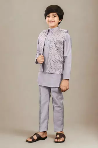 Boys cotton silk geometric sequined floral embroidered kurta shrug set- lavender