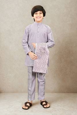 Boys cotton silk geometric sequined floral embroidered kurta shrug set- lavender 4