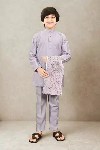 Boys cotton silk geometric sequined floral embroidered kurta shrug set- lavender