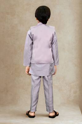 Boys cotton silk geometric sequined floral embroidered kurta shrug set- lavender 5