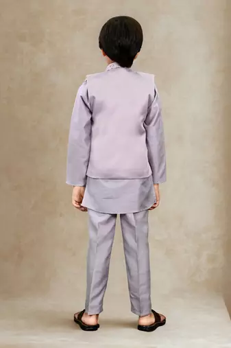 Boys cotton silk geometric sequined floral embroidered kurta shrug set- lavender