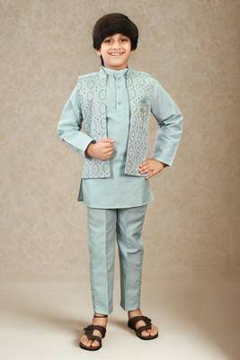 Boys cotton silk geometric sequined floral embroidered kurta shrug set- aqua blue 1