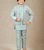 Boys cotton silk geometric sequined floral embroidered kurta shrug set- aqua blue