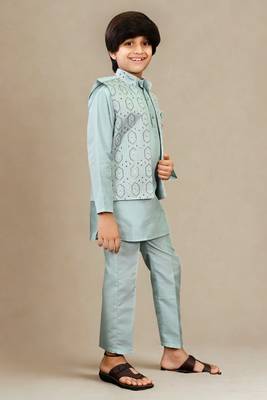 Boys cotton silk geometric sequined floral embroidered kurta shrug set- aqua blue 2
