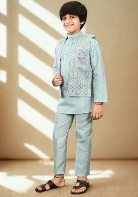 Boys cotton silk geometric sequined floral embroidered kurta shrug set- aqua blue 3