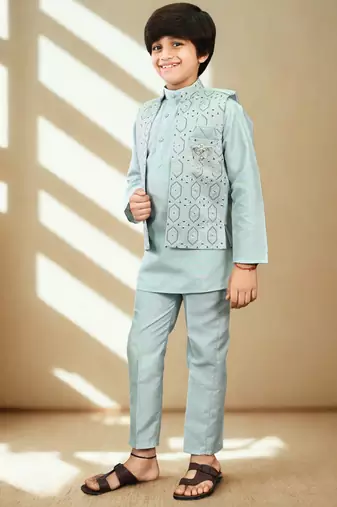 Boys cotton silk geometric sequined floral embroidered kurta shrug set- aqua blue