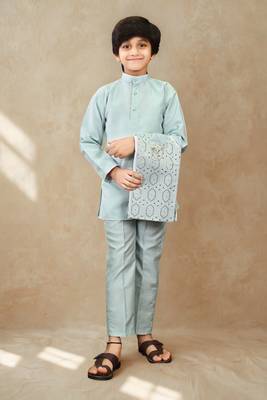 Boys cotton silk geometric sequined floral embroidered kurta shrug set- aqua blue 4