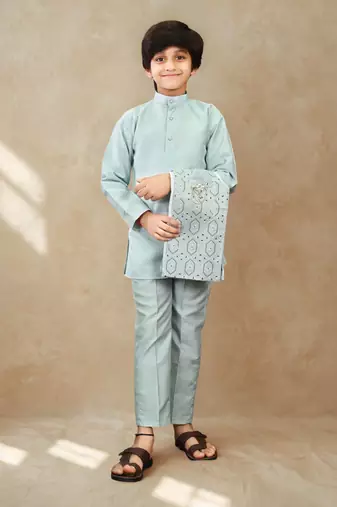 Boys cotton silk geometric sequined floral embroidered kurta shrug set- aqua blue