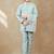 Boys cotton silk geometric sequined floral embroidered kurta shrug set- aqua blue