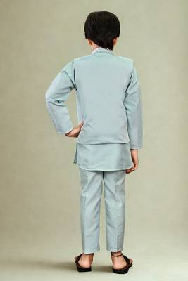 Boys cotton silk geometric sequined floral embroidered kurta shrug set- aqua blue 5