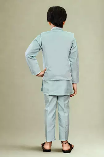Boys cotton silk geometric sequined floral embroidered kurta shrug set- aqua blue