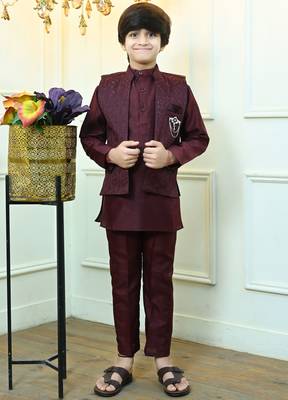 Boys cotton silk geometric sequined floral embroidered kurta shrug set- wine 1