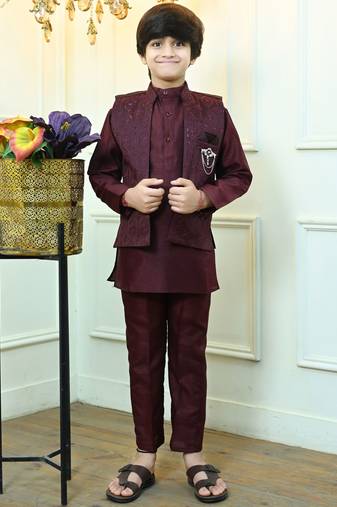 Boys cotton silk geometric sequined floral embroidered kurta shrug set- wine