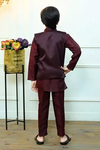 Boys cotton silk geometric sequined floral embroidered kurta shrug set- wine