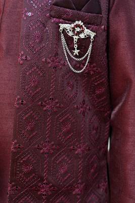 Boys cotton silk geometric sequined floral embroidered kurta shrug set- wine 3