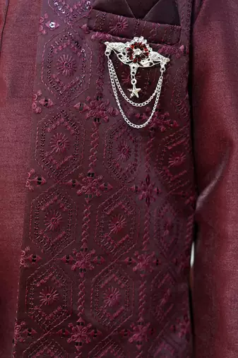 Boys cotton silk geometric sequined floral embroidered kurta shrug set- wine
