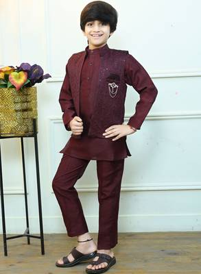 Boys cotton silk geometric sequined floral embroidered kurta shrug set- wine 4