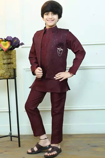 Boys cotton silk geometric sequined floral embroidered kurta shrug set- wine