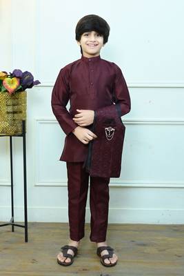 Boys cotton silk geometric sequined floral embroidered kurta shrug set- wine 5