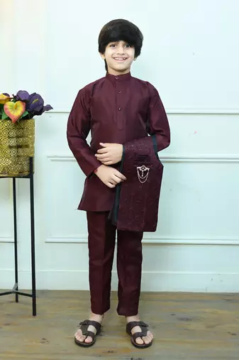 Boys cotton silk geometric sequined floral embroidered kurta shrug set- wine