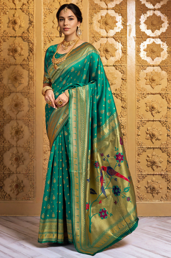 Green traditional paithani silk saree with bird & floral motifs, handwoven weaving work, wedding wear