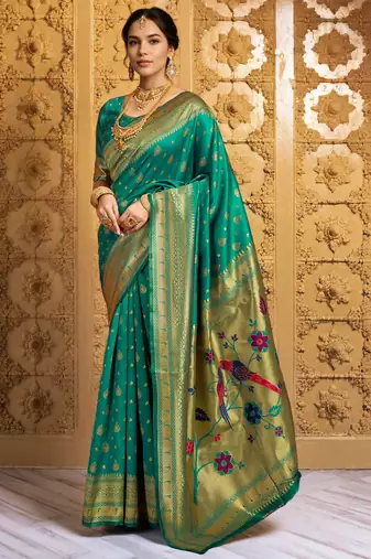 Green paithani silk blend saree with bird floral motifs handwoven weaving work