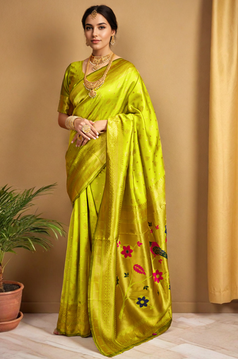 Lime green paithani silk blend saree with bird floral motifs handwoven weaving work
