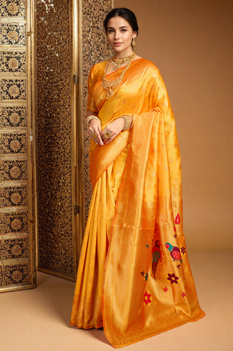 Mustard paithani silk blend saree with bird floral motifs handwoven weaving work