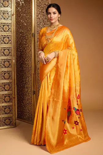 Mustard paithani silk blend saree with bird floral motifs handwoven weaving work