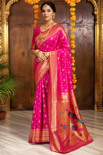 Pink paithani silk blend saree with bird floral motifs handwoven weaving work