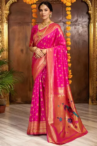 Pink paithani silk blend saree with bird floral motifs handwoven weaving work