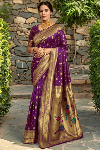 Purple paithani silk blend saree with bird floral motifs handwoven weaving work