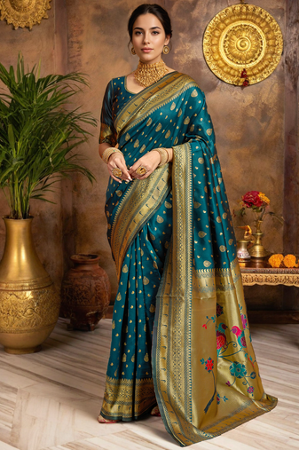 Teal paithani silk blend saree with bird floral motifs handwoven weaving work