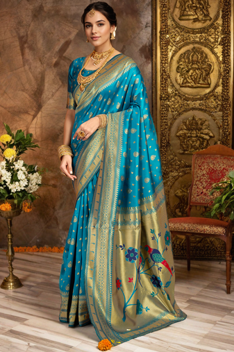 Turquoise paithani silk blend saree with bird floral motifs handwoven weaving work
